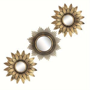 3pcs/set, 3-Piece Antique Gold Sunburst Flower Wall Mirrors, 10 Inch Decorative Mirrors for Living Room, Bedroom, Dining Room with Wall Mount Hook