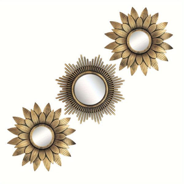 3pcs/set, 3-Piece Antique Gold Sunburst Flower Wall Mirrors, 10 Inch Decorative Mirrors for Living Room, Bedroom, Dining Room with Wall Mount Hook