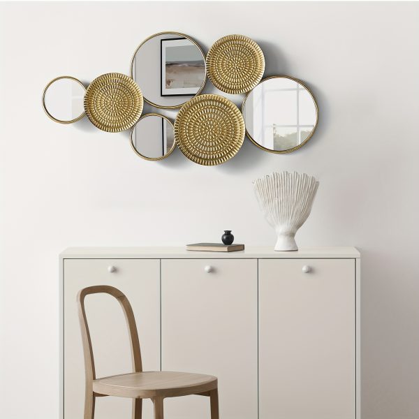 Modern Golden Metal Wall Sculpture with Multi-Circle Plates Mirror, Large Wall Art for Living Room, Office, Bedroom, 45.3 x 1.9 x 21.6 Inches