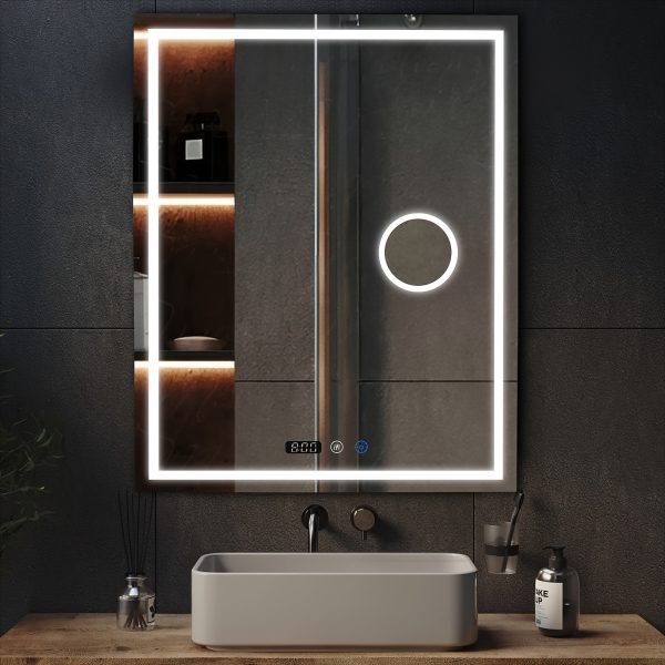 Wall-Mounted Bathroom Mirror, Time Display Vanity Mirror, Anti-Fog And 3 Colors Dimmable Wall-Mounted Makeup Mirror, 10X Magnification Mirror