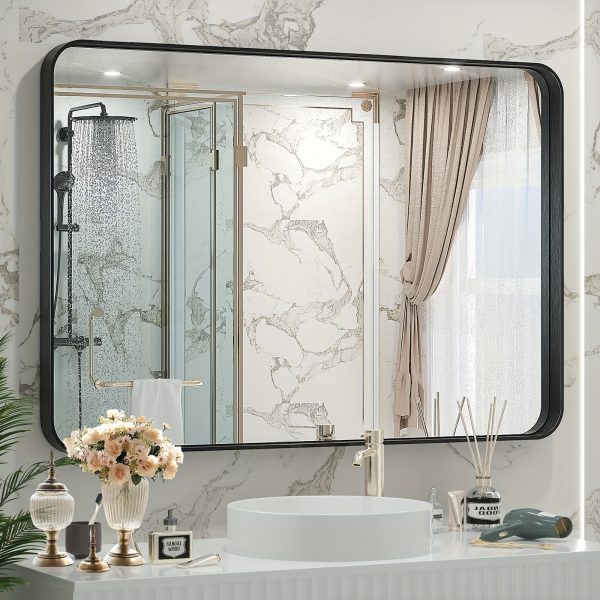 Black Bathroom Vanity Mirror, Metal Frame Wall Mounted Mirror For Over Sink, Matte Rectangle Makeup Mirror With Storage Frame