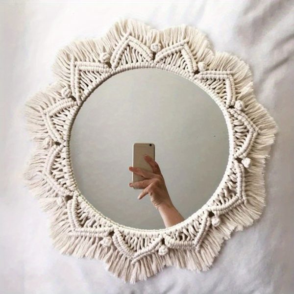 1pc Bohemian Style Round Hanging Wall Mirror, Decorative Aesthetic Room Accent, Macrame Fringe Design For Bedroom And Living Room House Decoration