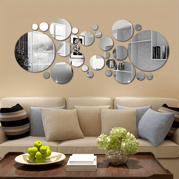 30pcs DIY Round Mirror Wall Sticker Set, Self-Adhesive & Reusable, Transform Your Space with Detachable Art Deco Accents, For Bathroom Living Room Bedroom Study Office