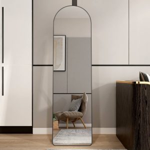 The 4st generation of floor mounted full length mirrors. Aluminum alloy metal frame arched wall mirror, bathroom makeup mirror, bedroom porch, clothing store, wall mounted.Black 59.8 