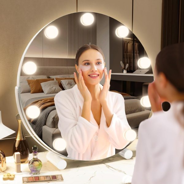 18-Inch Hollywood Vanity Mirror with Lights, Round LED Makeup Mirror, Lighted Makeup Mirror with 9 Dimmable Bulbs for Bedroom, Smart Touch Control 3 Colors Dimmable, 360?? Rotation (White)