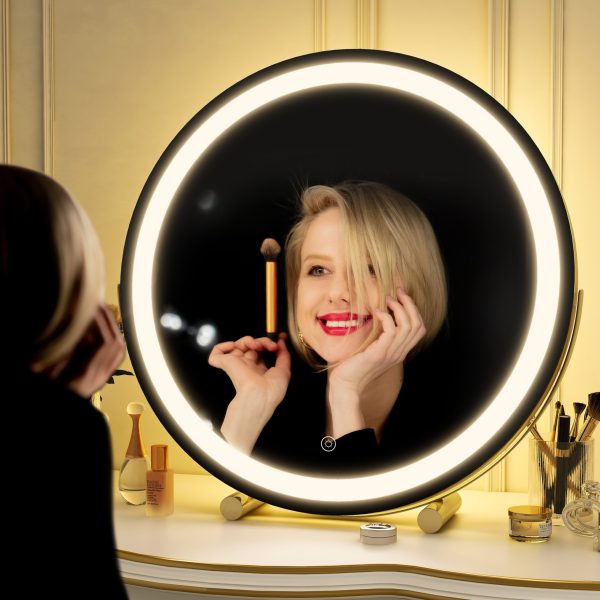 18 Inch Large Vanity Mirror with Lights, Round LED Makeup Mirror, Tabletop Light Up Mirror for Dressing Room & Bedroom, Smart Touch Control 3 Colors Dimmable, 360?? Rotation (Gold)