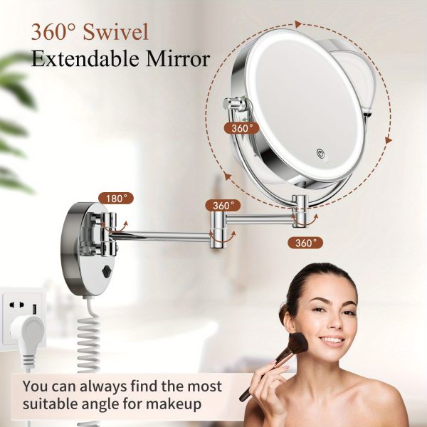 FUNTOUCH Upgrade Rechargeable Wall Mounted Makeup Mirror with Durable DC Plug, Lighted Vanity Mirror 1X 10X Magnifying, Bathroom Mirror 3 Color Setting & Extension Arm 360 Rotation (Larger chassis)