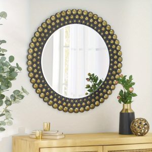 Contemporary Studded Round Wall Mirror, Bronze and Black