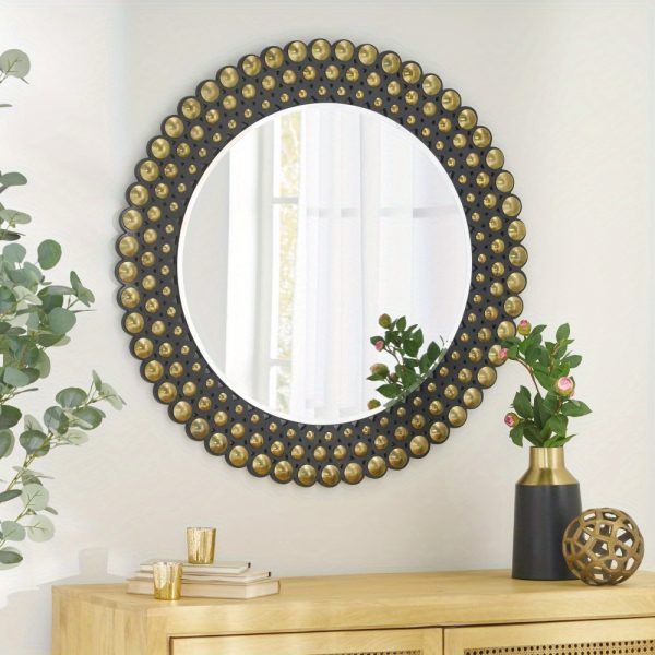 Contemporary Studded Round Wall Mirror, Bronze and Black