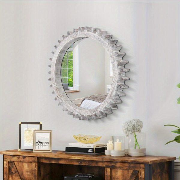 Vintage 17'' x 17'' Wood Round Hanging Gear Shape Decorative Mirror Patchwork Effect With Large-size Mirrors Individually On Art Walls, Sold Individually (Antique White Washed)