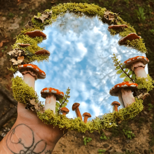 1pc, Mushroom Garden Mirror, Creative Resin Sculpture, Fairy Tale Style, Decorative Resin & Glass Home Decor Ornament