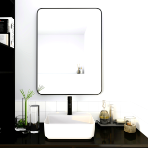 32 x 24 Inch Wall- Mounted Bathroom Mirror with Black Aluminum AL- Alloy Frame for Reflection Copper- Free Glass - Sleek Suspension Design