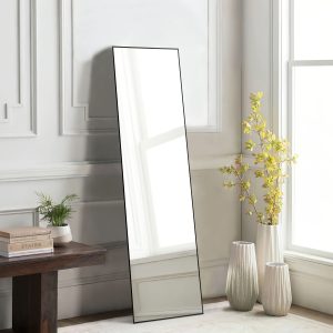 Full Length Mirror Full Body Floor Mirror Standing Hanging or Leaning Wall Mirror with Stand Aluminum Alloy Thin Frame for Bedroom Cloakroom