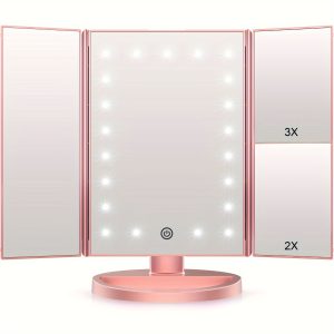 Lighted Vanity Makeup Mirror 1x/2x/3x Magnification Trifold With 21 LED Lights Touch Screen And USB Charging, 180 Degree Adjustable Stand For Countertop Cosmetic Makeup Mirror, Gift For Women