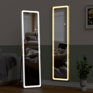 LED Lighted Full Body Mirror with LED, Full Body Mirror with LED, 63''X16'' Modern Style Floor Mirror, Aluminum Alloy Thin Frame, Hang or Tilt Wall, Right Angle, Black, For Bedroom, Living Room