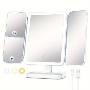 Rechargeable Tri-Fold Lighted Vanity Mirror with 78 LED Lights, 3 Dimmable Color Lighting Modes, 1X 3X 5X Magnification, Touch Control, Lighted Makeup Mirror