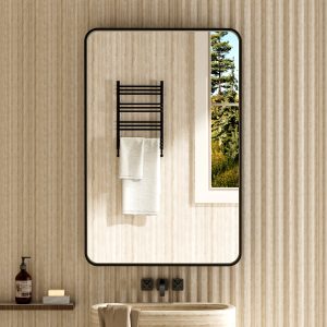 Bathroom Mirror For Wall, 20 X 30 Inch Rectangular Metal Framed Mirror, Modern Wall Mounted Vanity Mirror For Bathroom, Rounded Corner, Tempered Glass Bathroom Mirror For Wall, Rounded Corner, Tempered Glass (Horizontal/Vertical)