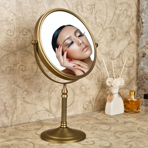 Golden European Style Makeup Mirror, Double-Sided Vanity Stand, Princess Wedding Magnifying Mirror, Round, Glass Surface, No Fragrance, Portable, Stainless Steel Frame, No Battery Required