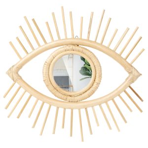 Hanging Rattan Mirror Decorative Eye Mirror Handmade Eye Mirror Wall Decor Aesthetic Evil Eye Wall Mirror Vintage Portable Eye Shape Rattan Mirror Decor Evil Eye Wall Art for Living Room Bedroom Delicate Evil Eye Wall Art Mirror Rustic Rattan Mirror