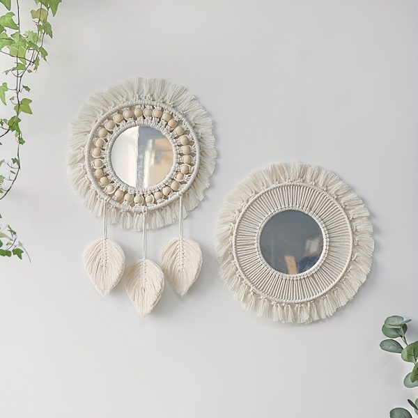 1pc, Boho Wall Decor Mirror Macrame Circle Hanging Mirror, Hanging Mirror Wall Decor Chic Boho Small Mirrors For Wall Decor Art Ornament For Apartment Home Decorations