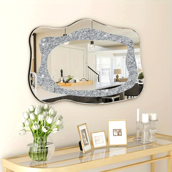 Modern Lrrugular Wall Mirror With Silver Crush Diamond Inlay Decor