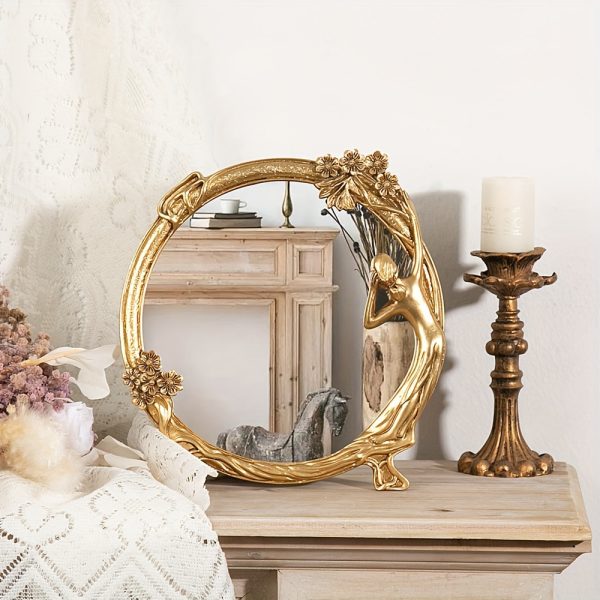 1pc, European Luxury Style Resin Relief Golden Mirror, Vintage Decorative Makeup Mirror, Antique Resin Photography Prop, Elegant Dressing Mirror