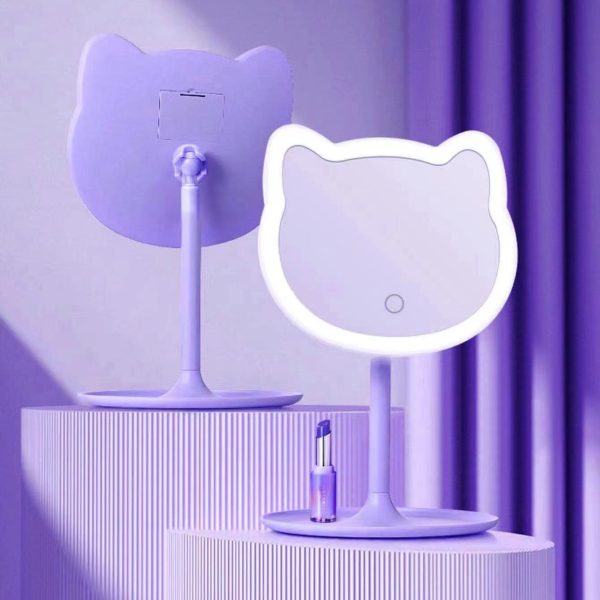 LED Desktop Makeup Mirror With Stand, Cute Cat Design USB Rechargeable Cosmetic Vanity Mirror For Women, Great For Detailed Makeup & Skin Care