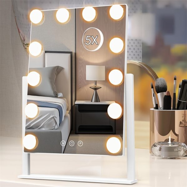 Vanity Mirror with Lights, Makeup Mirror with Lights Lighted Makeup Mirror with 3 Color Lighting Modes and 12 Dimmable Bulbs, Detachable 5X Magnification, Smart Touch Control, 360??Rotation, White