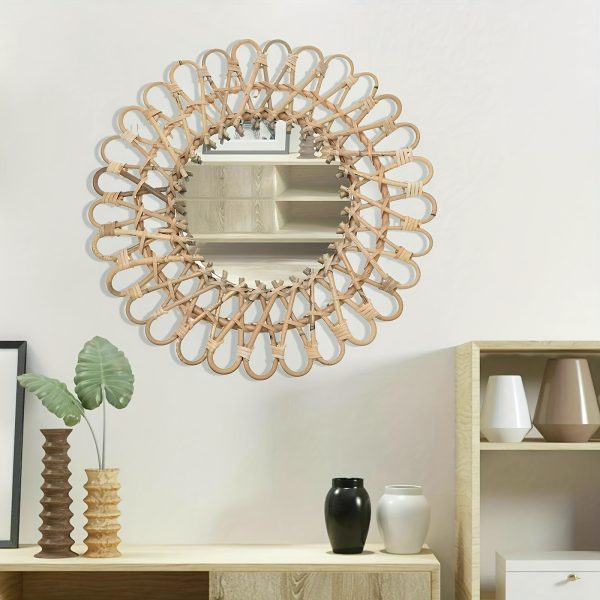 Vintage Handwoven Round Natural Rattan Wall Hanging Mirror For Home Decor